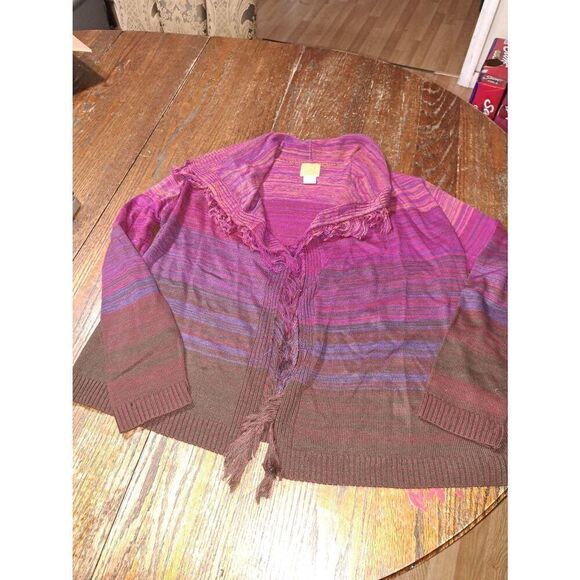 PL Ruby Rd Petite Pink Purple Grey Fringe Lapel Open Front Knit Sweater Cardigan - Picture 1 of 5